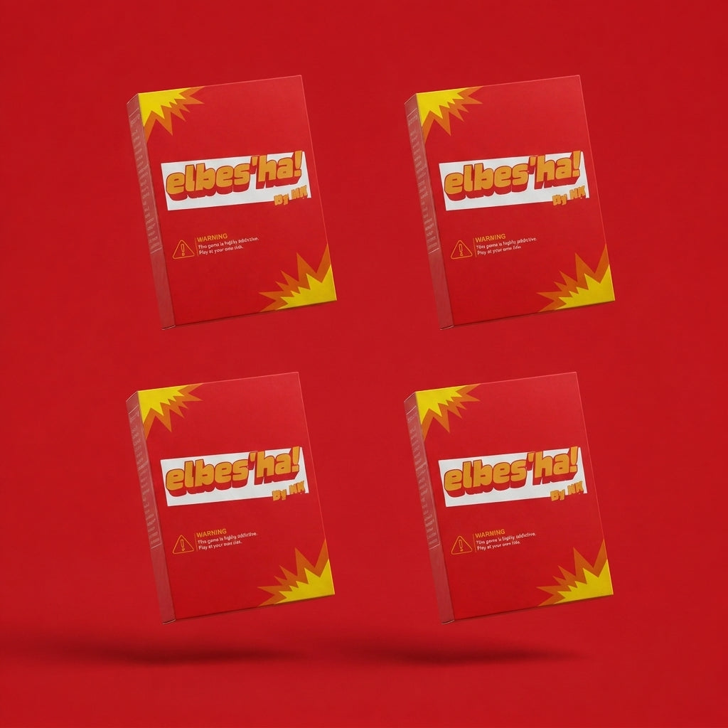 ELBES'HA ×4 — El Gam3a: four elbes'ha card game boxes in a grid on red background