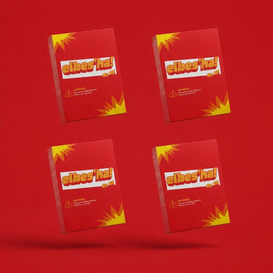 ELBES'HA ×4 — El Gam3a: four elbes'ha card game boxes in a grid on red background