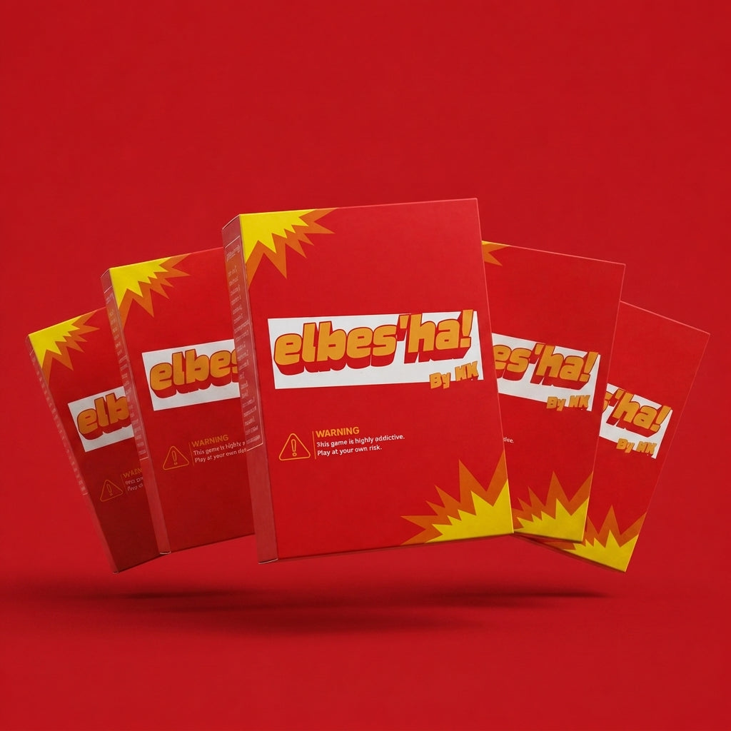 ELBES'HA ×5 — El 3ezooma: five elbes'ha card game boxes fanned in an arc on red background