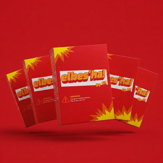 ELBES'HA ×5 — El 3ezooma: five elbes'ha card game boxes fanned in an arc on red background